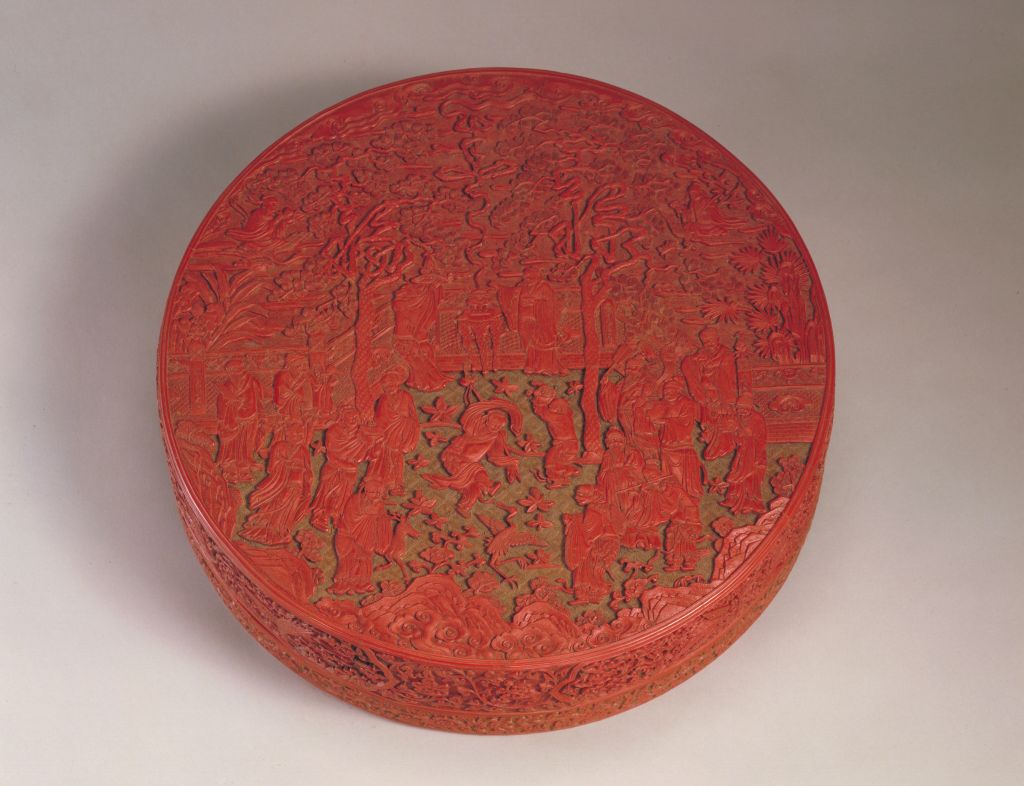 图片[1]-Carved red group of immortals birthday picture round box-China Archive